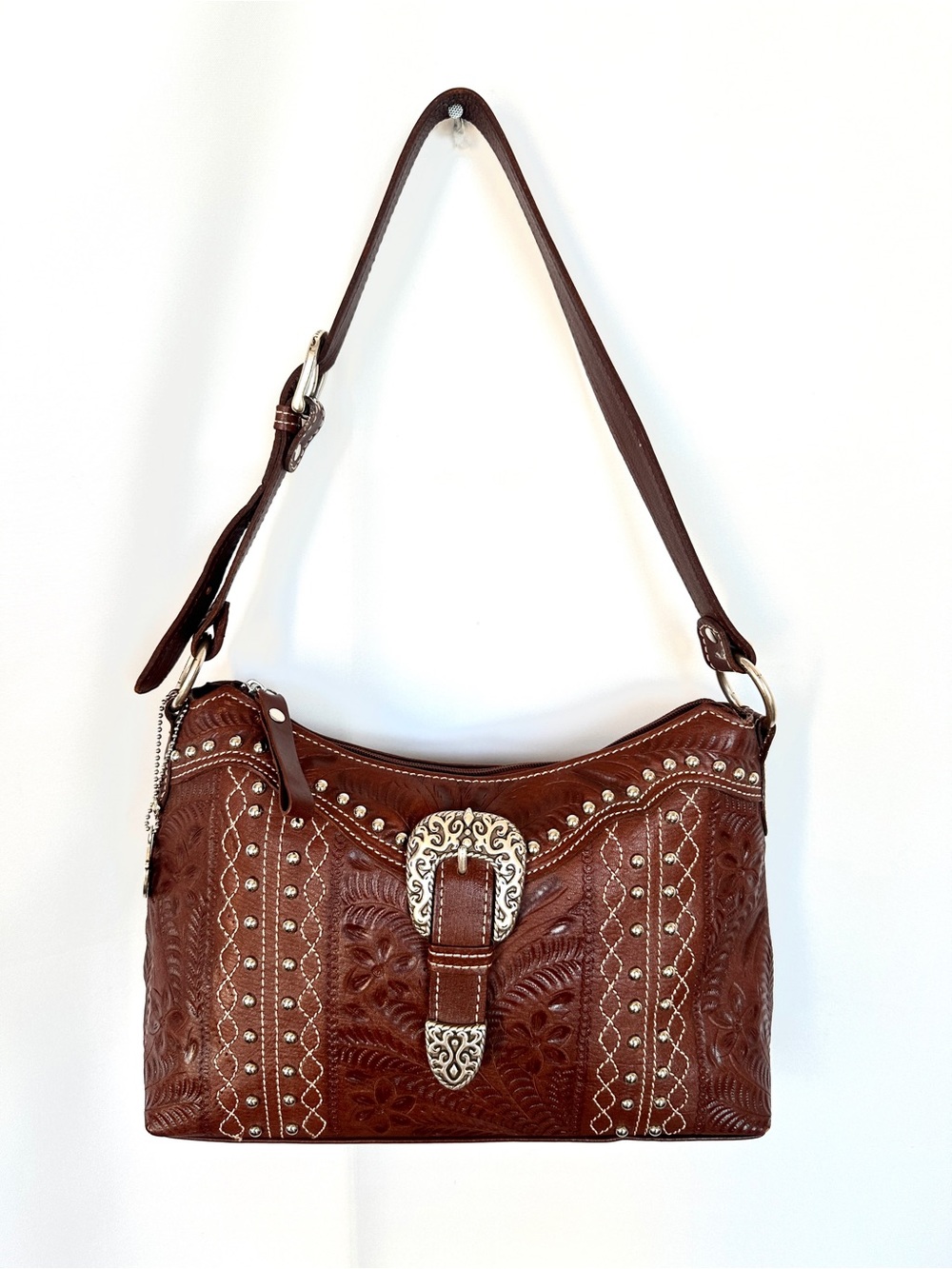 AMERICA WEST LEATHER HAND-TOOLED EMBROIDERED SILVER DETAIL ZIP-TOP SHOULDER BAG